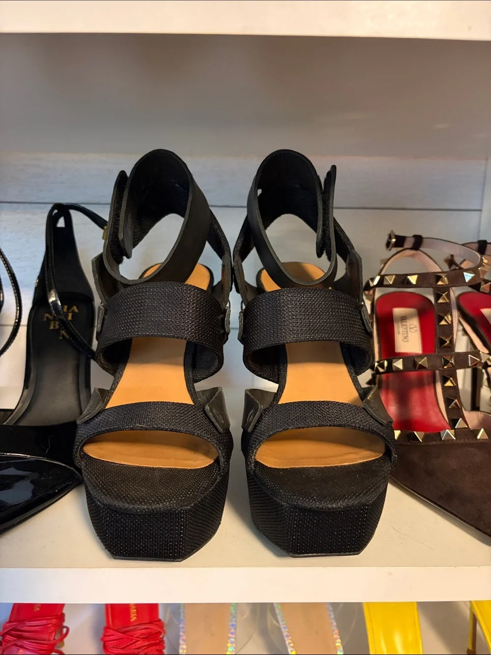 L.A.M.B. Black Leather Ankle-Strap Platform Wedges